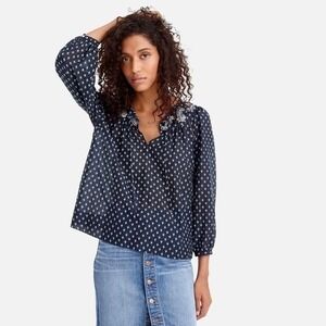 NWT!! J. CREW Point Sur Embroidered Block Print Peasant Navy Blue Blouse Medium